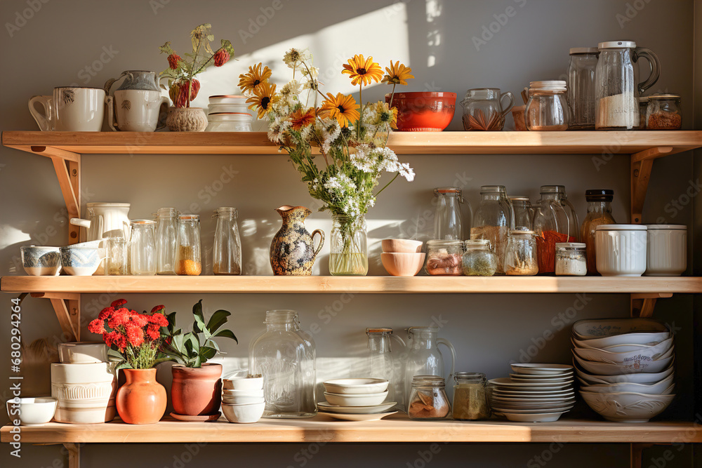 A kitchen white wall with shelves topped with lots of bottles, bowls and jars with spices and products A kitchen white wall with shelves topped with lots of bottles, bowls and jars with spices and products