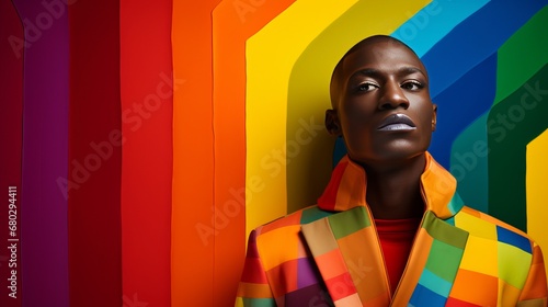 male portrait, rainbow color scheme, concept: celebrate diversity and inclusion, copy space, 16:9