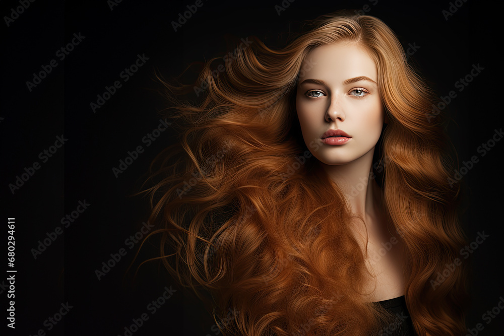 Naklejka premium A dreamy young white redhead woman with blue eyes, long wavy hair, pale skin, plump lips, and a black dress standing isolated on a black background.