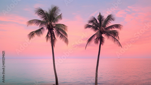 pink tropical palm trees and sea on sunset background. summer concept  vacation or summer vacation concept