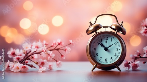 pink alarm clock in the cherry blossom background