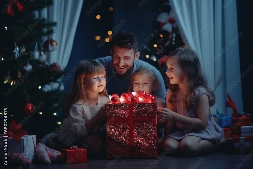 happy family with Merry Christmas magic gift near tree at evening at home happy family with Merry Christmas magic gift near tree at evening at home