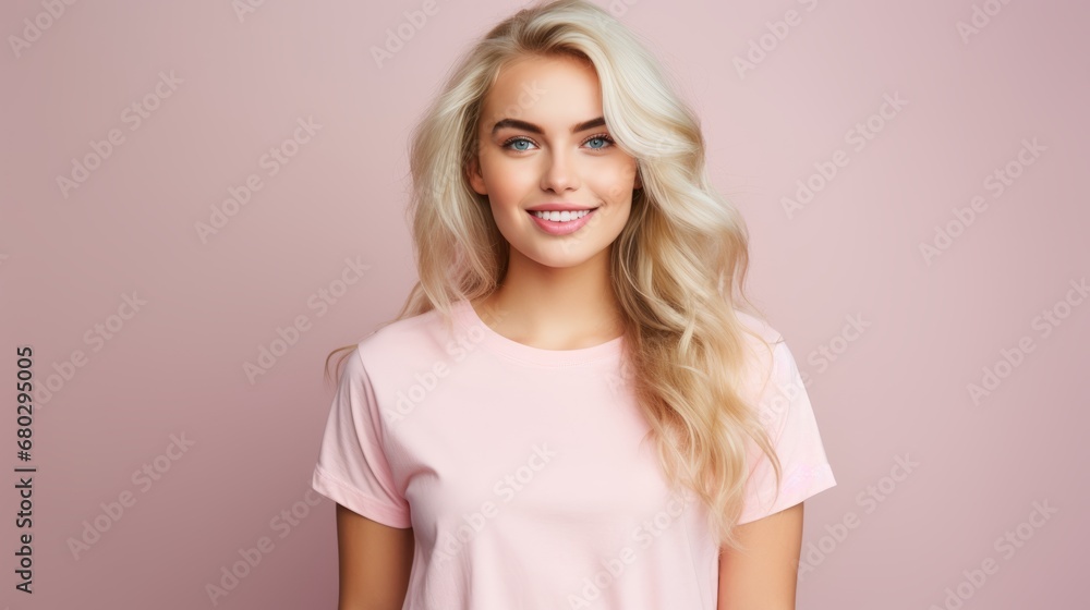 Happy eighteen-year-old girl with wavy blonde hair, blue eyes, full pink lips, delicate face, wearing a plain crew neck Bella canvas t-shirt Happy eighteen-year-old girl with wavy blonde hair, blue eyes, full pink lips, delicate face, wearing a plain crew neck Bella canvas t-shirt