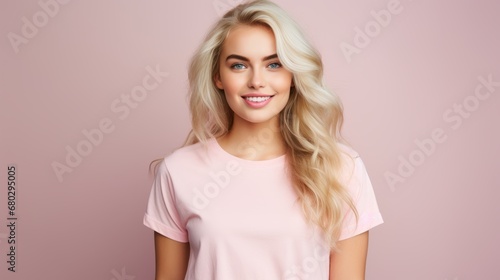 Happy eighteen-year-old girl with wavy blonde hair, blue eyes, full pink lips, delicate face, wearing a plain crew neck Bella canvas t-shirt