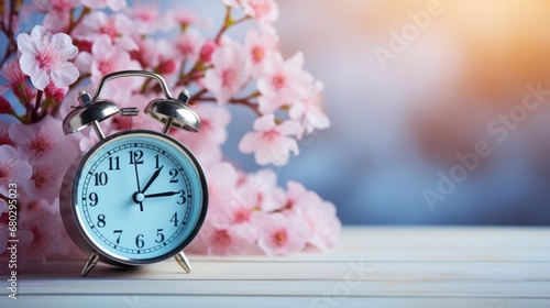 pink alarm clock in the cherry blossom background