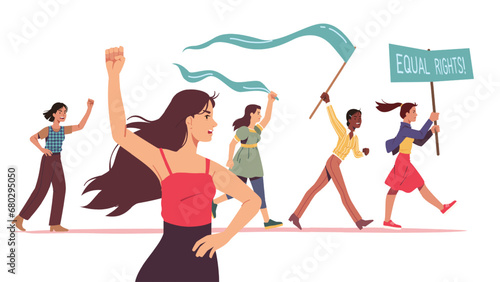 Angry feminist protester women crowd with flags