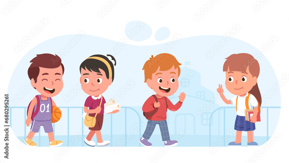 Kids going from school. Children group meeting to walk together. Smiling boys, girls college students greeting, wave hands. Friends talking, communicating. Flat vector character illustration Kids going from school. Children group meeting to walk together. Smiling boys, girls college students greeting, wave hands. Friends talking, communicating. Flat vector character illustration