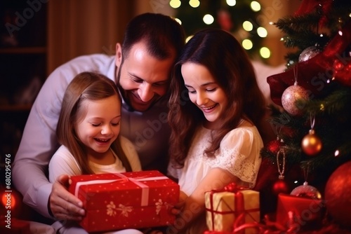 happy family with Merry Christmas magic gift near tree at evening at home