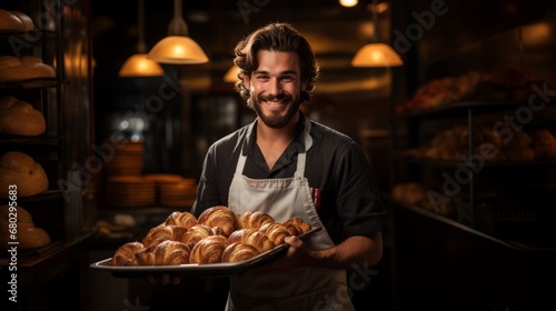 A portrait of a baker holding a tray of freshly baked croissants with a satisfied smile on