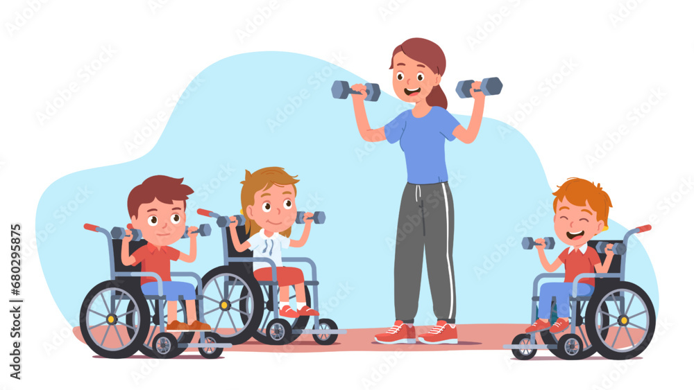 Coach woman training disabled kids in wheelchairs