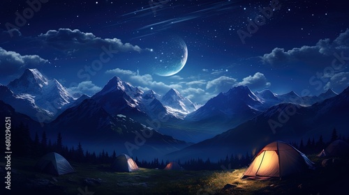 Image of tourists peeking out of their tents and enjoying the bright stars and moonlight in the night sky of the mountains