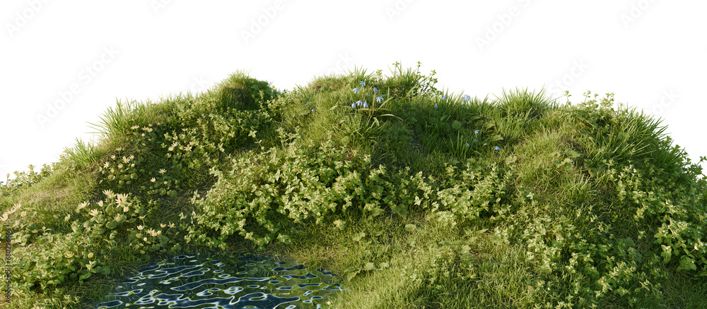 Verdant Hill Blooming with Yellow Flowers in Spring. 3D render. Verdant Hill Blooming with Yellow Flowers in Spring. 3D render.