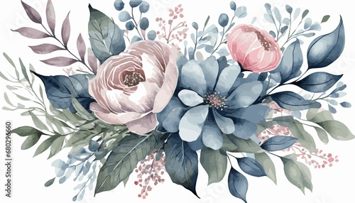 Watercolor vector floral illustration. Dusty blue, pink flowers and branches bouquet. Foliage arrangement for wedding, stationery, invitations, cards. Hand drawn illustration