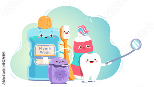 Cute animated oral care product cartoon characters