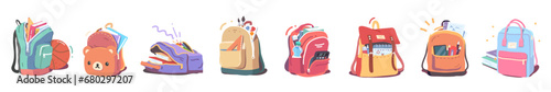 School backpacks set. Cute boys, girls children full schoolbags with books, supplies, textbooks, notebooks, pens, pencils, paints, ruler, calculator. Kids education, study flat vector illustration