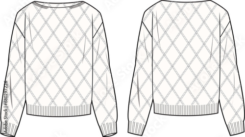 Women's Pointelle Jumper. Technical fashion illustration. Front and back, white color. Women's CAD mock-up.
