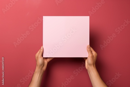 hands holding a pink paper on magenta background. Copy space. Design for various use. Generative AI
