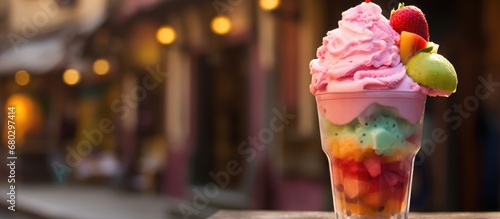 In the vibrant streets of Mexico  during the scorching summer season  locals and tourists alike indulge in a colorful dessert tradition frozen fruit-flavored ice cream topped with sweet syrup  an