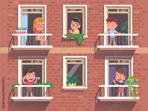 People looking out of city apartment building windows in morning greeting neighbours. Girls, boys children standing on home balconies. Kid having leisure, communicating. Neighbourhood illustration