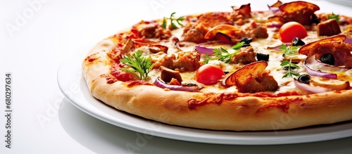 background of the restaurant, on a white table, a mouthwatering pizza covered in melted cheese, loaded with vegetables and meat, including red tomatoes, was placed, promising a nutritious dinner meal.