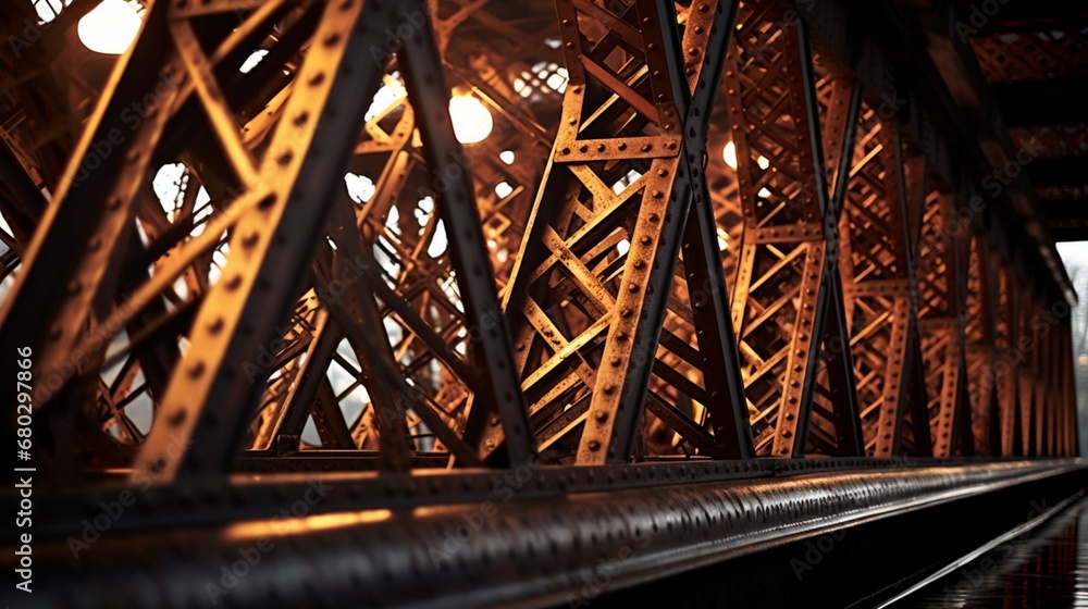 Zoom in on the textured patterns of a steel bridge spanning a river. Zoom in on the textured patterns of a steel bridge spanning a river.