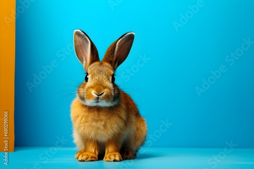 Rabbit on pastel background with easter egg decoration.