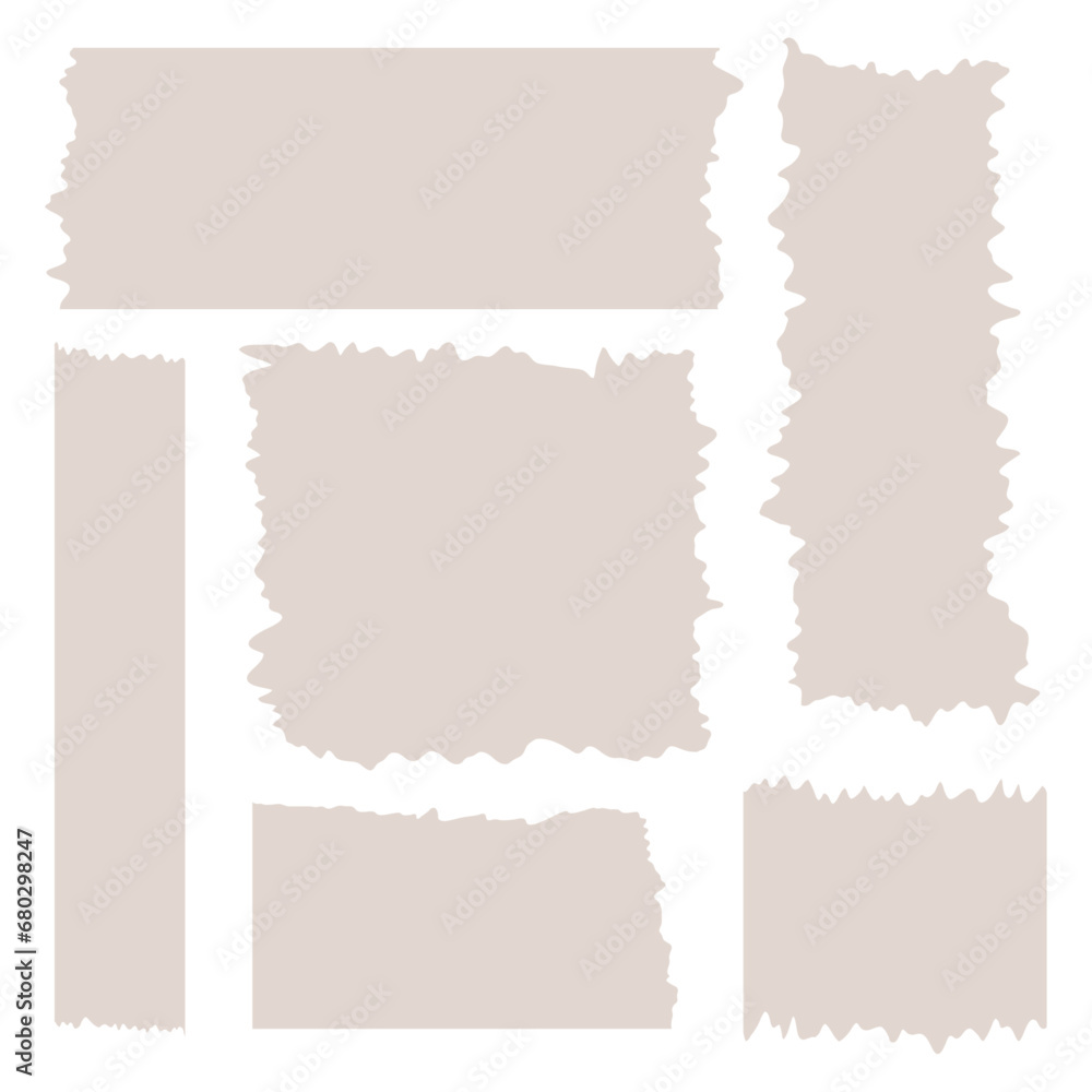 Set of brown paper sheets. Pieces of decorative tape for scrapbooks. Washi tapes collection in vector. Ripped paper. Torn pieces of paper from a notebook