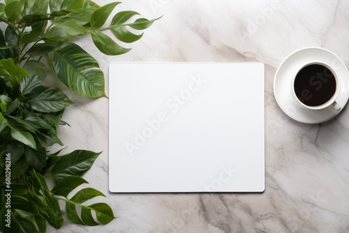 Balance productivity and nature  Top view of a desk with keyboard  tablet  coffee  plants on marble  ready for text.