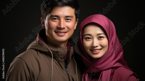 Excited Asian couple tourist dressed in summer clothes to travel on holiday
