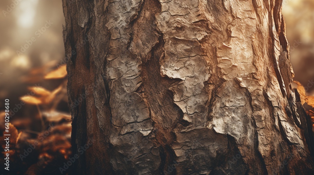 Capture the rough texture of tree bark against a blurred forest background.