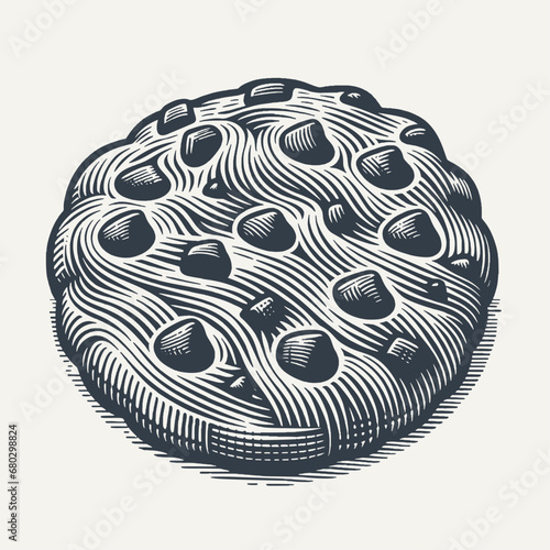 Delicious Woodcut Vector Illustration of a Cookie with Chocolate chips
