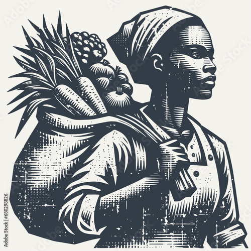 Woodcut Style Vector Illustration of a Black Woman with Scarf Carrying Burlap Sack of Vegetables