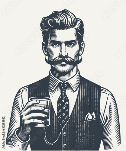 Woodcut Vector Illustration of a Elegant Gentleman in a Vest Holding a Glass of Drink