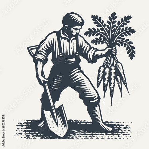 Woodcut Style Vector Illustration of a Boy Holding Carrots and Shovel