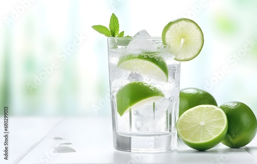 ice cubes, mint herb and fresh lime slices in glass on white wooden table