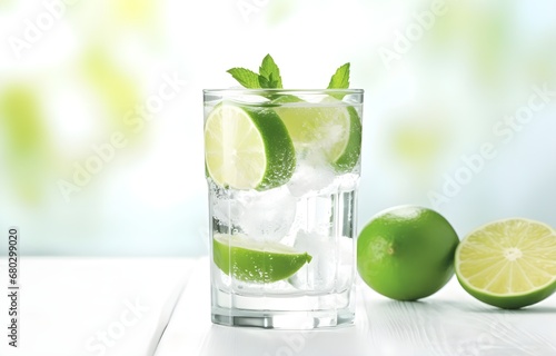 ice cubes, mint herb and fresh lime slices in glass on white wooden table