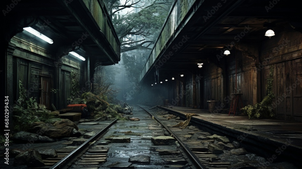 Capture the weathered textures of an abandoned train station platform.