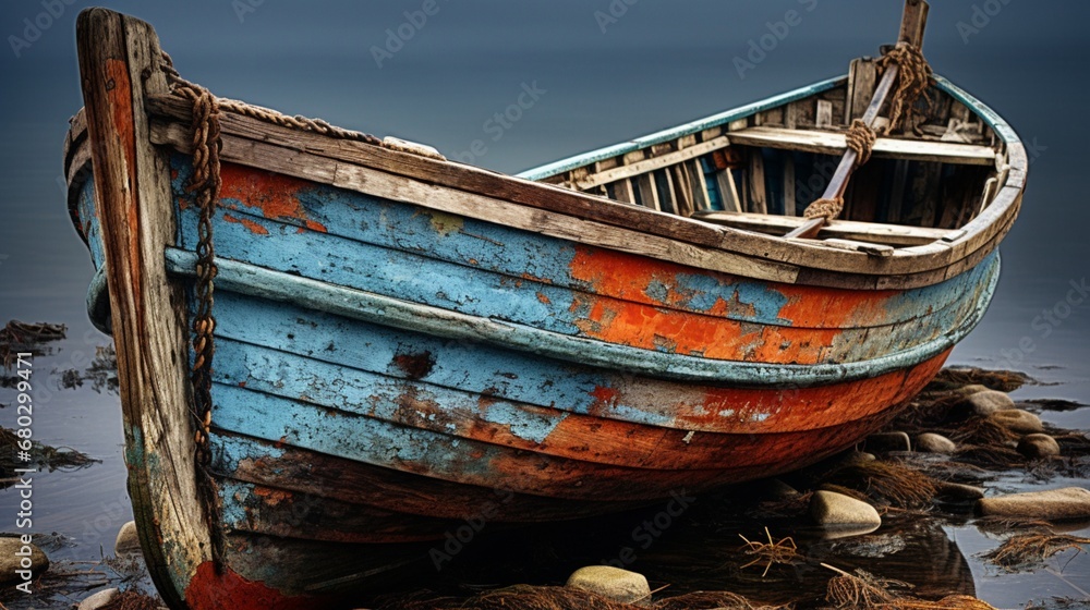 Capture the weathered wood and peeling paint on an old fishing boat.
