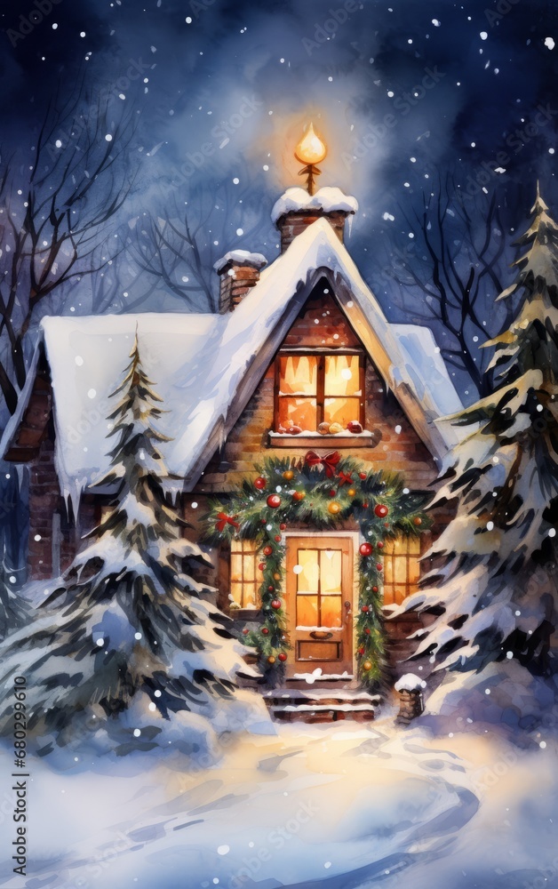 Fototapeta premium Cozy winter cabin warmly lit, adorned with festive decorations under