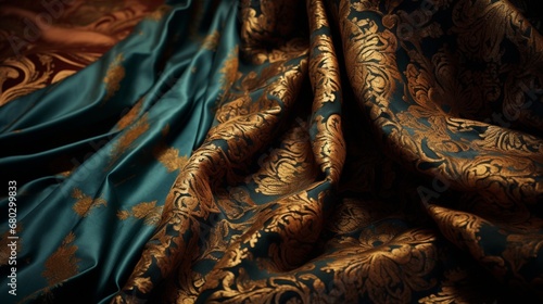 Focus on the intricate patterns and textures of a brocade drapery with an opulent look."