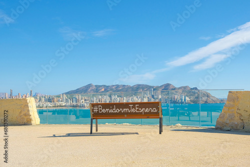 Panoramic view to Benidorm Poniente beach. Cityscape of Benidorm city with Poniente beach, skyscrapers, hotels and turquoise blue Mediterranean sea