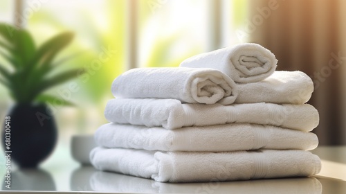Neatly Folded White Terry Towels on White Nightstand in Spa