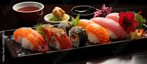 In a Japanese restaurant, an eye-catching black plate with a tantalizing set of sushi, along with a side of rice and fish, beautifully arranged on a white background. The menu offered a variety of
