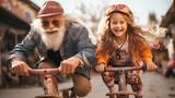 stylish elderly man on a bicycle in stylish clothes with an incredible smile in the city surrounded by a group of stylish cheerful children in an atmosphere of freedom