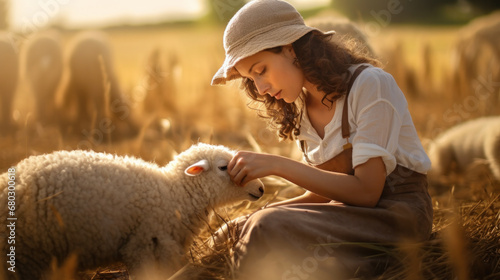 Young pretty cheerful peasant blond woman with lamb on countryside photo
