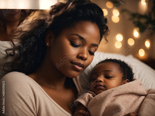 Authentic capture of an African American mother and her newborn baby sharing a peaceful sleep. The image should radiate love and depict the unique bond of parenthood. 