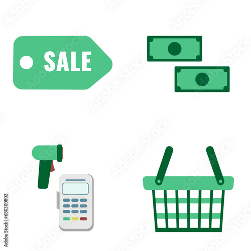 Green items are traded and sold in a flat style. 
Money, consumer basket, sale, terminal