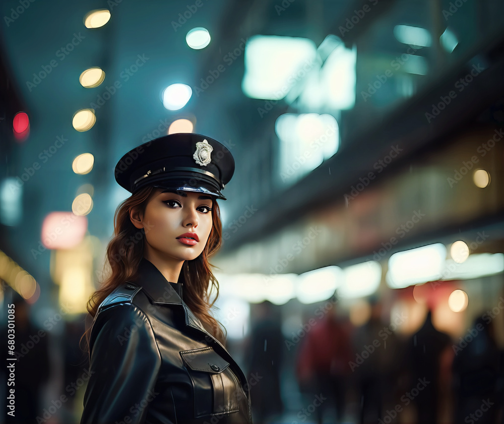 Young Asian Policewoman in Leather Uniform Standing on the Rainy Street Young Asian Policewoman in Leather Uniform Standing on the Rainy Street
