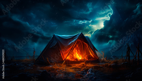 Camping Under the Starry Night Sky: A Cozy Tent and Warm Fire in the Open Field. A tent in the middle of a field with a fire in it