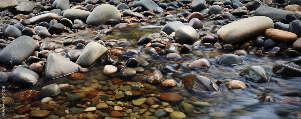 Highlight the intricate patterns of water flowing over a pebble-strewn creek bed. Highlight the intricate patterns of water flowing over a pebble-strewn creek bed.